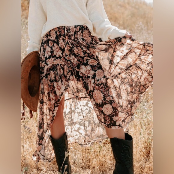 NWT Promesa Floral Print Asymmetrical High Low Hi/Lo Smocked Maxi Skirt - Picture 3 of 10